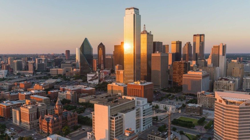 The downtown Dallas skyline as the sun rises