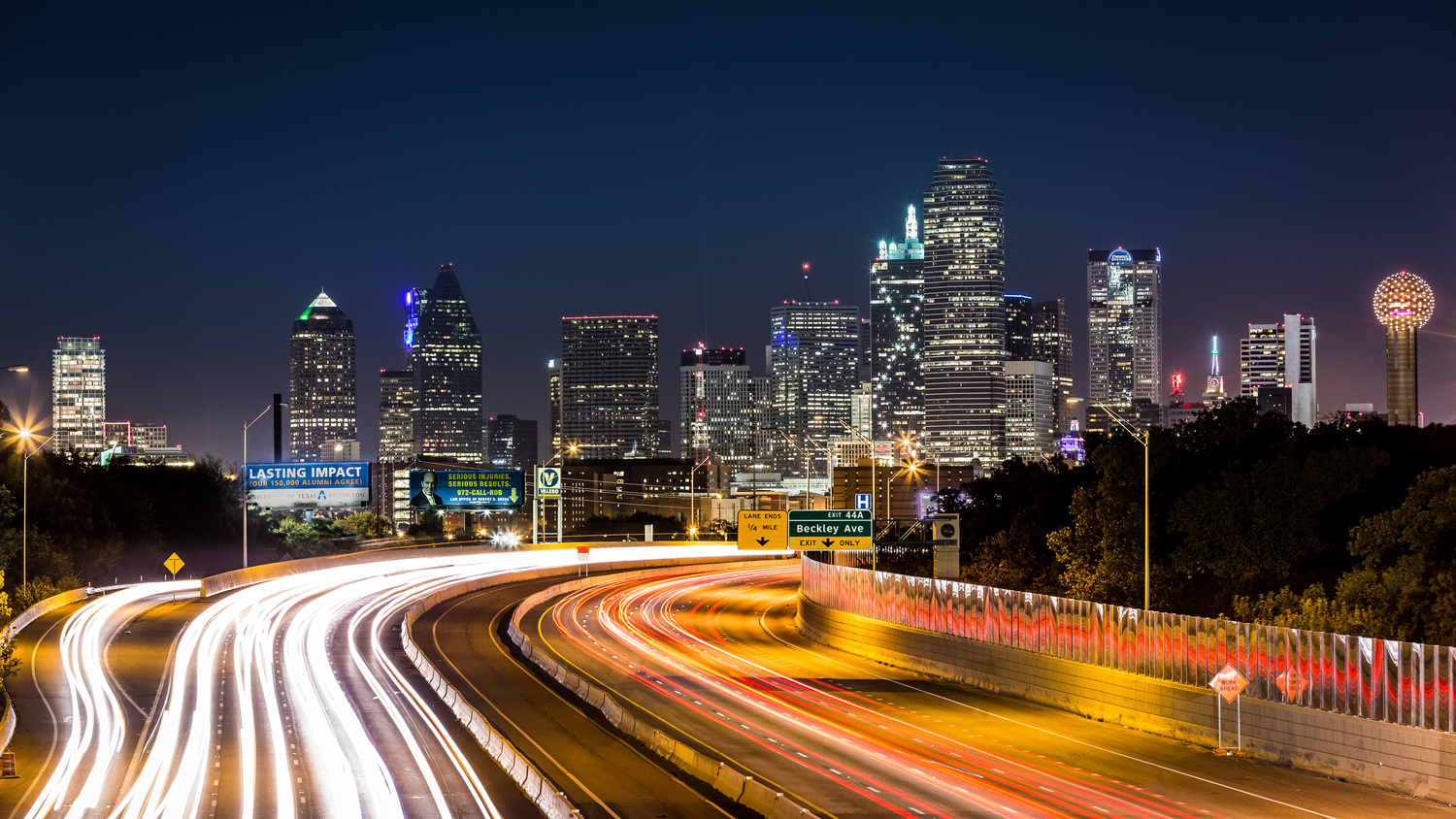 The Dallas skyline at night on E I-30